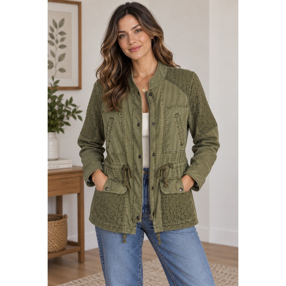 Hei Hei Utility Jacket Womens Medium Olive Green Eyelet Trim Cotton Cargo